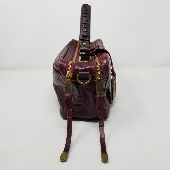 Badgley Mischka Dark Burgundy Red Faux Croc Embossed Leather & Brown Handbag - Picture 4 of 16